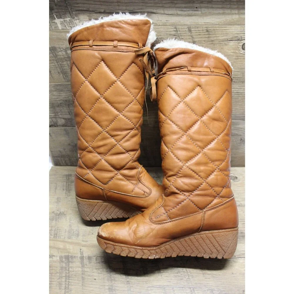 Husky by Bastien women's vintage quilted leather‎ faux fur lined tall boots